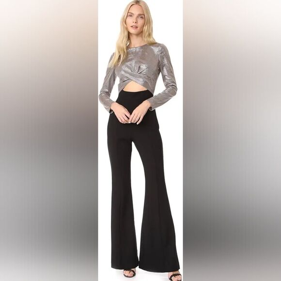 Black Halo Angie Jumpsuit Metallic Silver Black Flared Cutout Size 4 - Picture 2 of 16